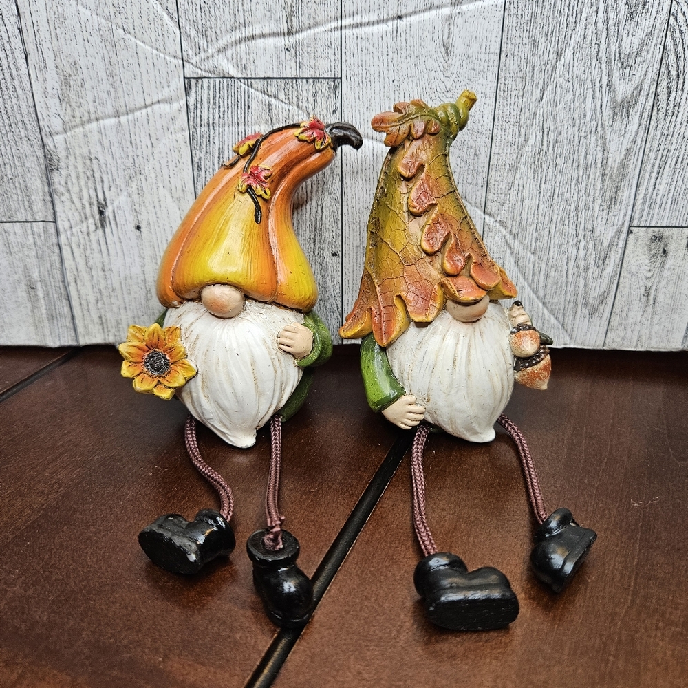 Gnomes Lot of 2 Home Decor Fall Autumn Harvest Figurines Sitting Gnomes Lucky
